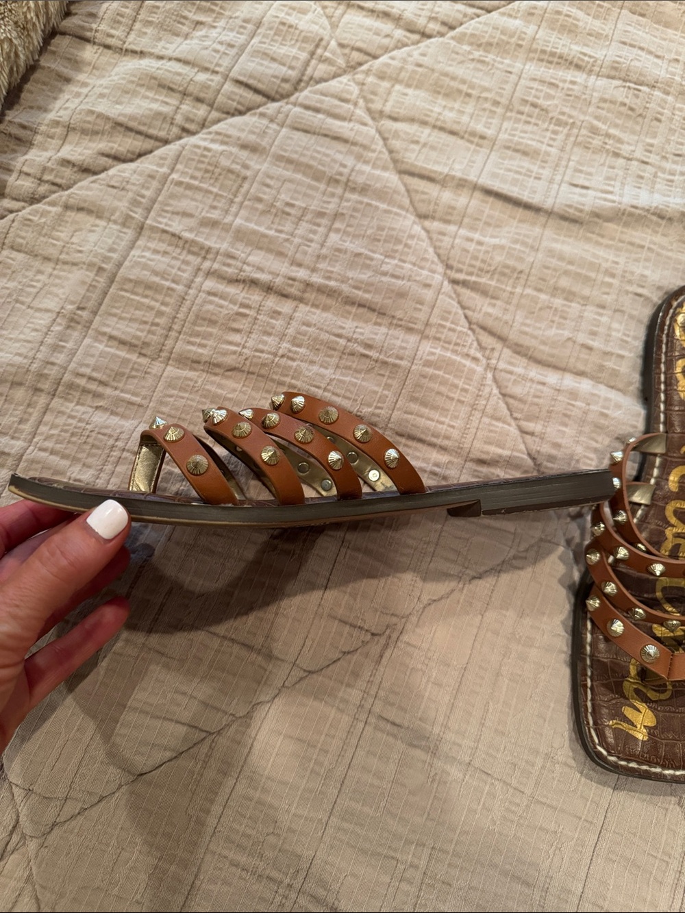 Sam Edelman Tan Brown Leather Studded Slide Sandals - Picture 3 of 5
